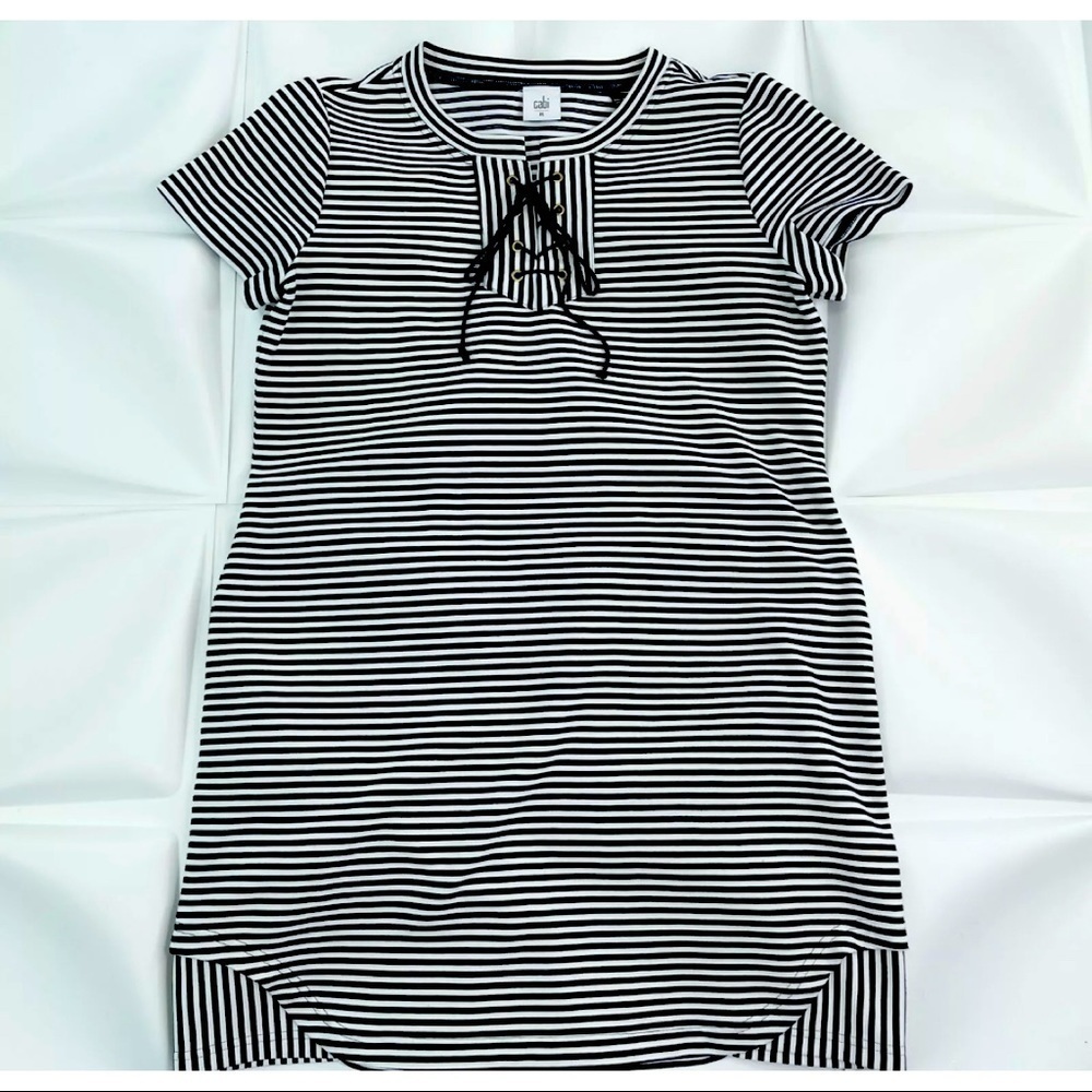 Cabi Sz M Navy Blue White Striped Lace Up Nautical Shift Dress Summer Beach - Picture 5 of 9